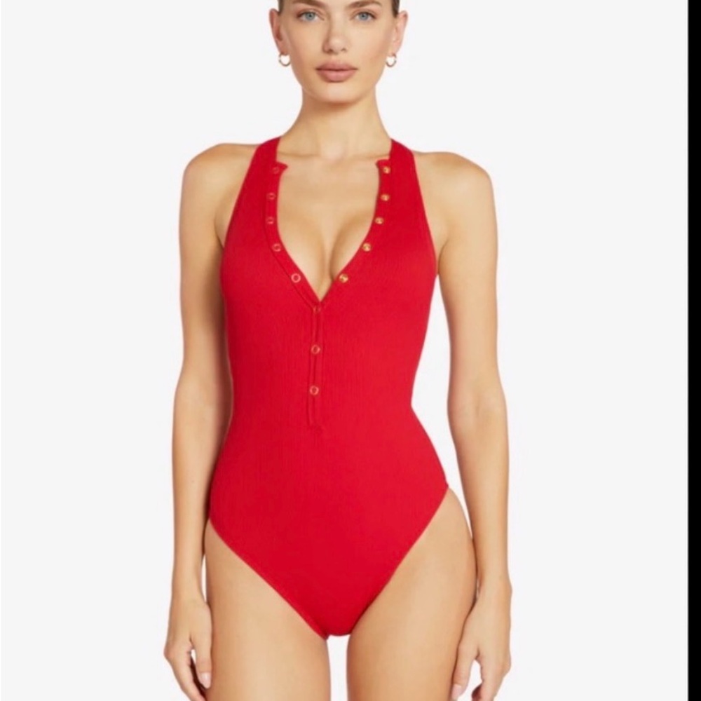 Robin Piccone Red Ribbed Snap-Front One-Piece Swimsuit - NWT Sz 6